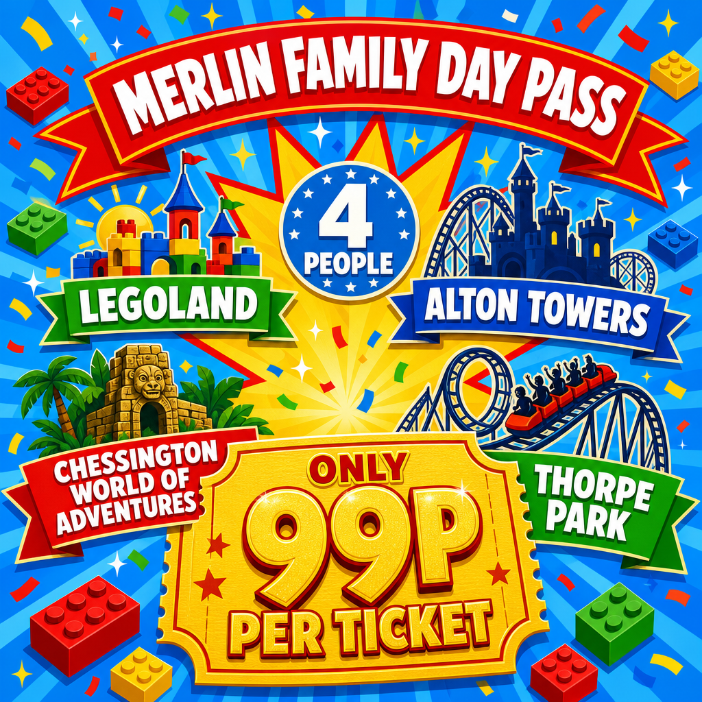MERLIN FAMILY DAY PASS FOR 4 PEOPLE - JUST 99P!!