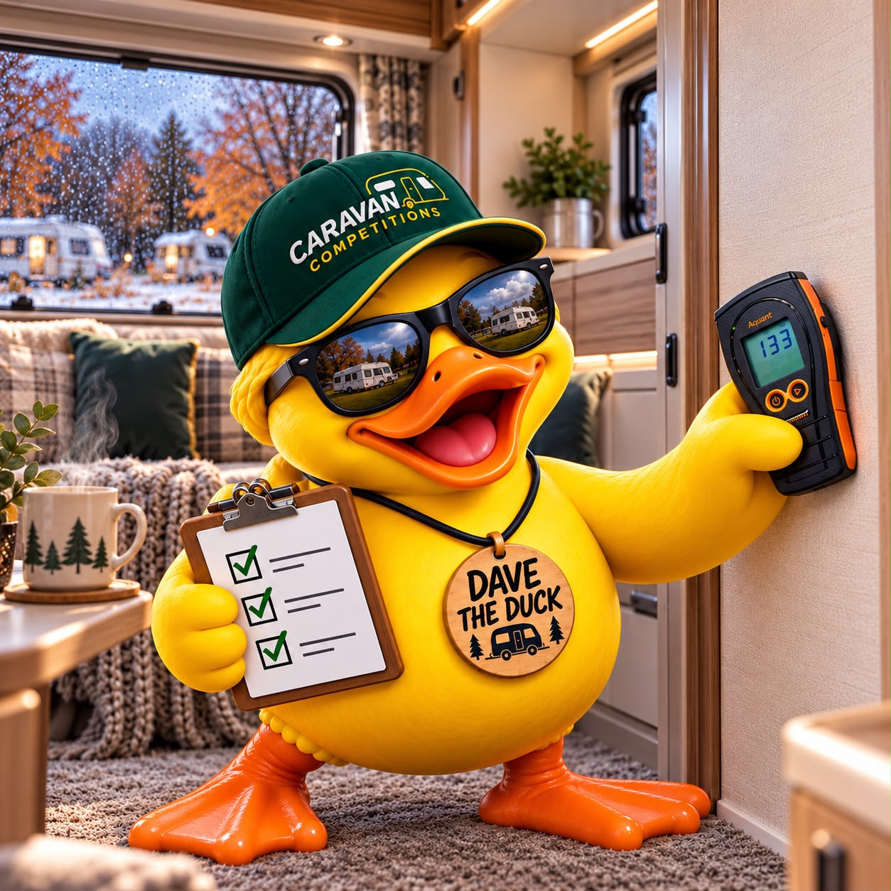 Dave the Duck testing for moisture in a caravan