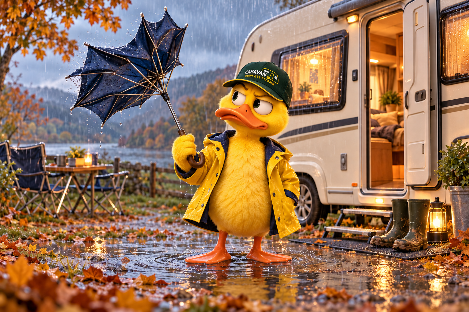 Dave the Duck in a yellow raincoat holding an inside-out umbrella beside a caravan in the rain