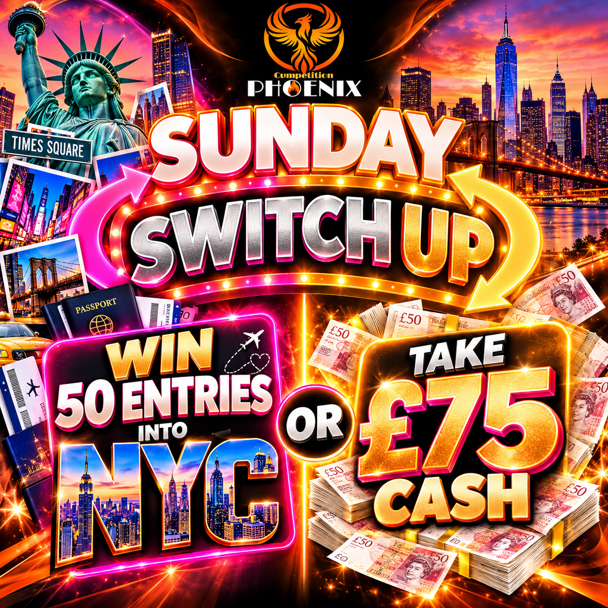 🗽50 entries into NYC or take £75 cash 💷