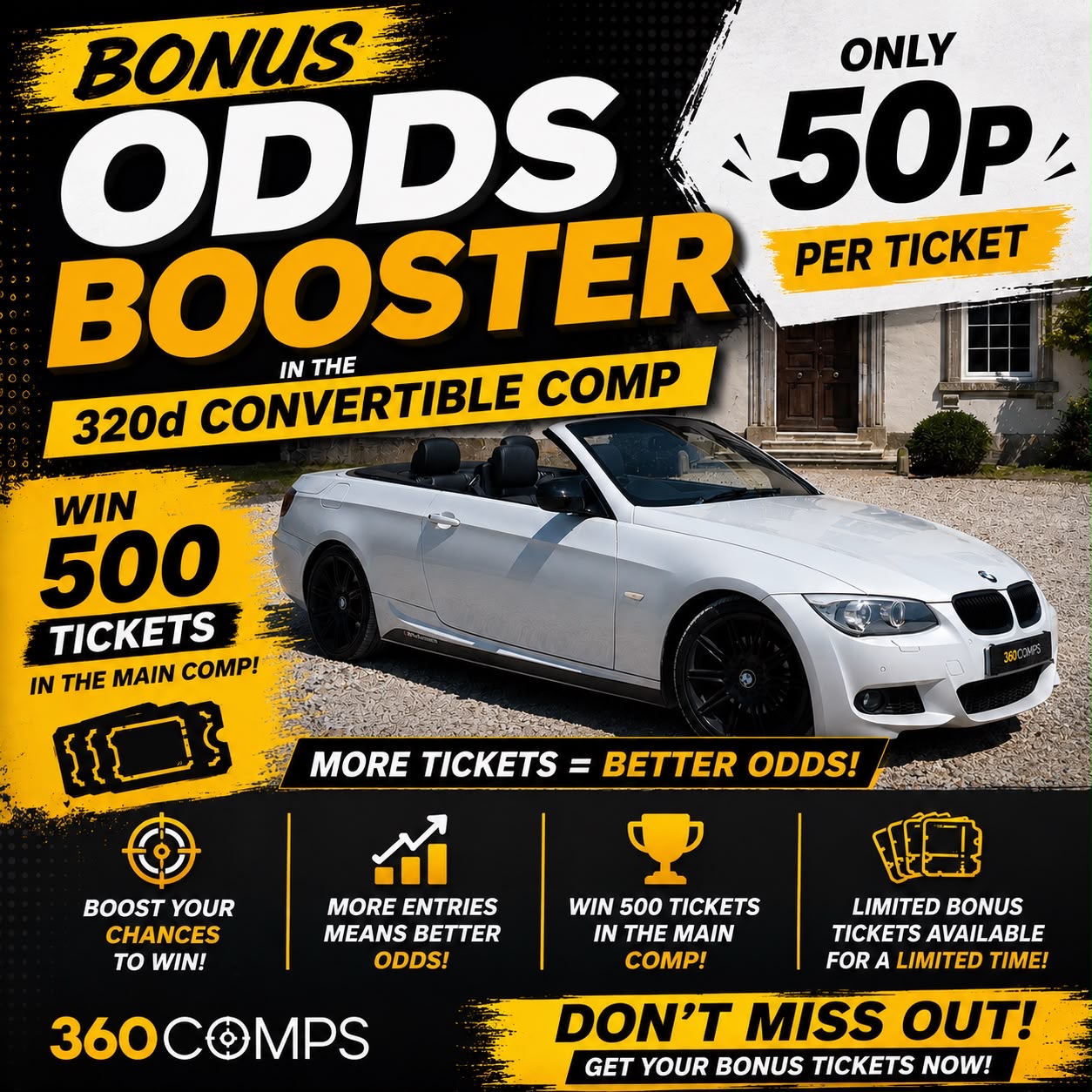 BMW 320d ODDS BOOSTER! YOUR 50p CHANCE TO WIN 500 Tickets 🏁 🏆