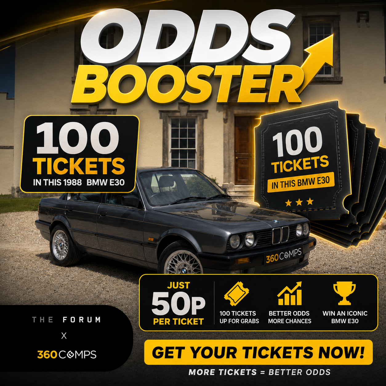 🎯 BMW E30 Odds Booster – Win 100 Extra Tickets!