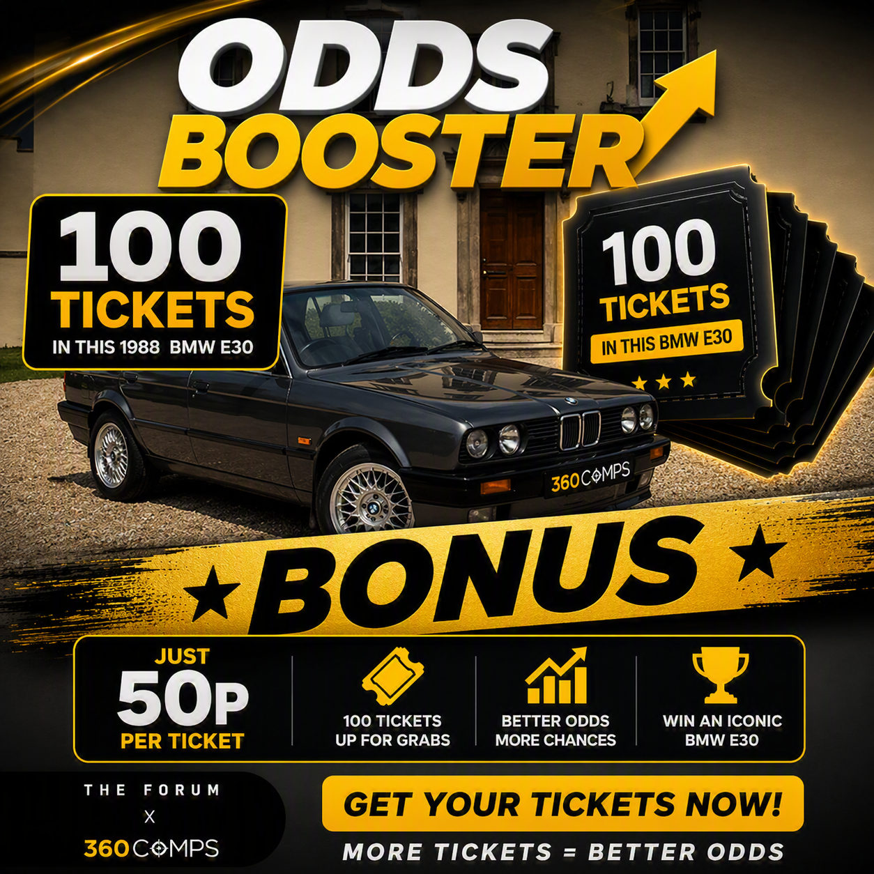 BMW E30 BONUS Odds Booster! Last Chance to WIN 100 Tickets 🏁 🏆